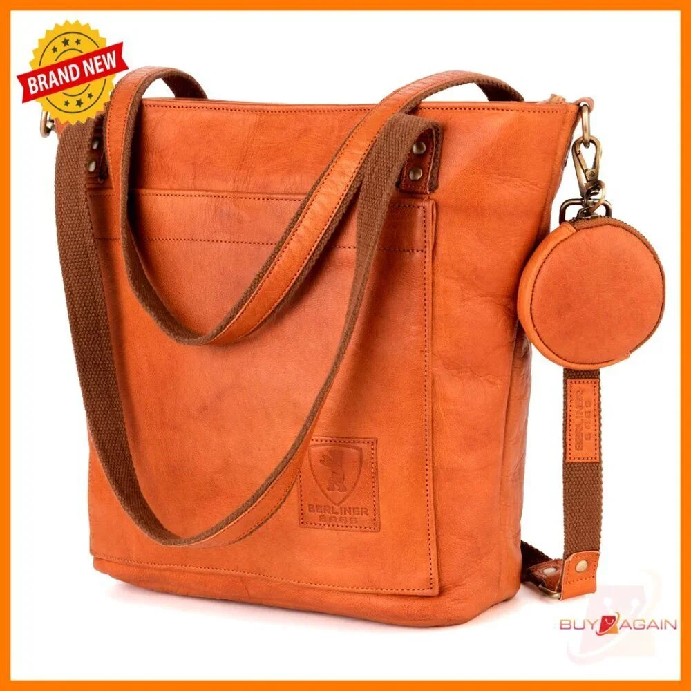 Large Genuine Leather Tote Bag with Adjustable Strap, Detachable Pouch